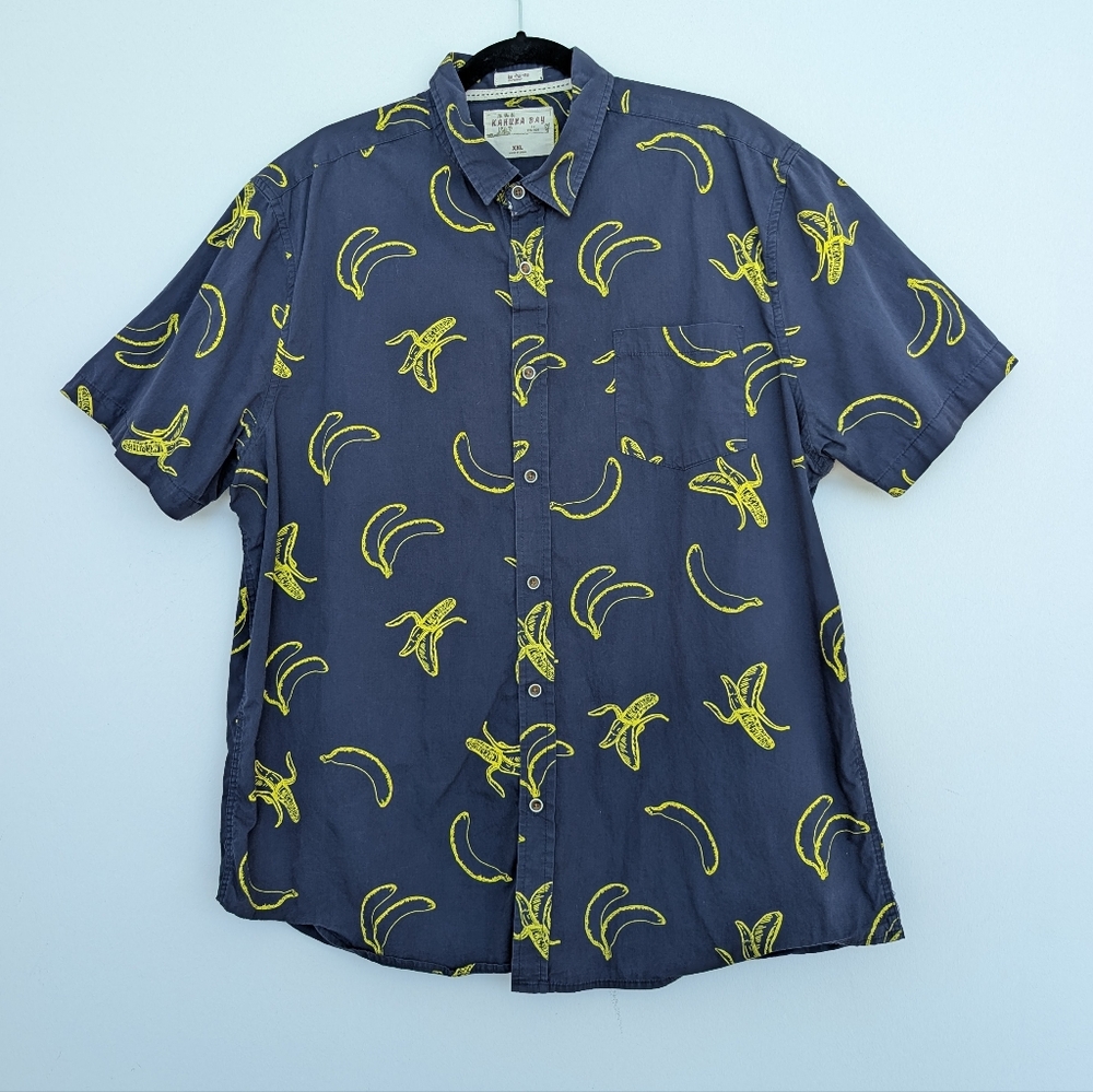 Kahuna Bay Banana Allover Print Men's Short Sleeve Button Up Shirt Sz XXL Blue